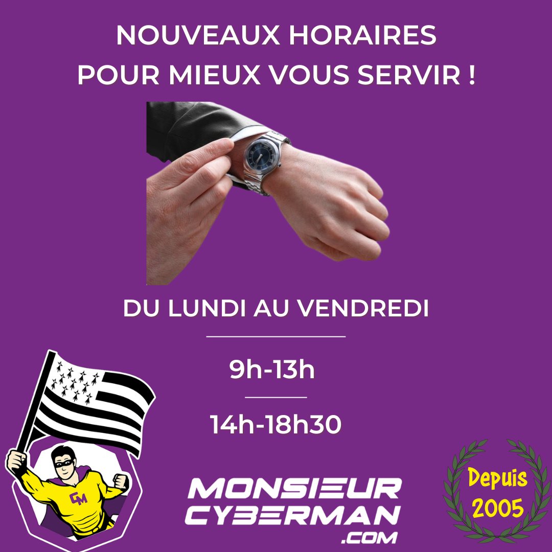 Découvrez nos nouveaux horaires pour une expérience encore plus optimale ! MonsieurCyberMan vous accueille désormais du lundi au vendredi, avec des plages horaires élargies pour mieux répondre à vos besoins.

MonsieurCyberMan.com
#ordinateur #reconditionné #ecoresponsable
