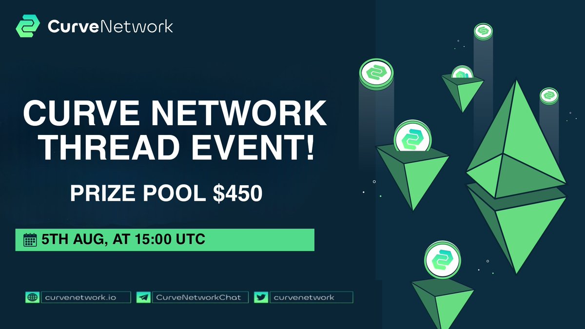 #CurveNetwork is hosting a Twitter Thread article Prize event! 

🏆1: $200
🏆2: $150
🏆3: $100

📍Rules:

🔅Write a bullish thread about Curve Network, it's utilities, uniqueness, and upcoming utilities.
🔅Use <a href="/CurveNetwork/">Curve Network</a>, #CurveNetwork $CURVE in your thread article.

⏰️end