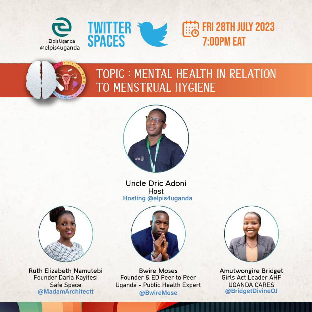 Today 7:00pm EAT i will be joining an amazing panel of advocates to discuss Mental Health In Relation to Menstrual Hygiene. Hosted by @elpis4uganda

#EndMenstrualStigma
@MadamArchitectt
@UncleDricAdoni @GirlsActIntl
@PEERUganda
@ahfugandacares @HerVoiceFund @kyamageroandrew