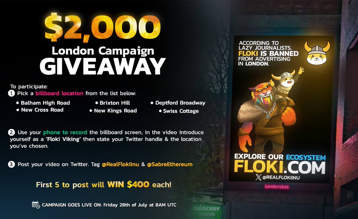 $FLOKI RETURNS TO LONDON WITH AGGRESSIVE MARKETING CAMPAIGN

#Floki has launched a strategic marketing campaign in seven key locations in London.

The campaign will introduce the Floki brand to millions of British consumers in the following key locations, creating further