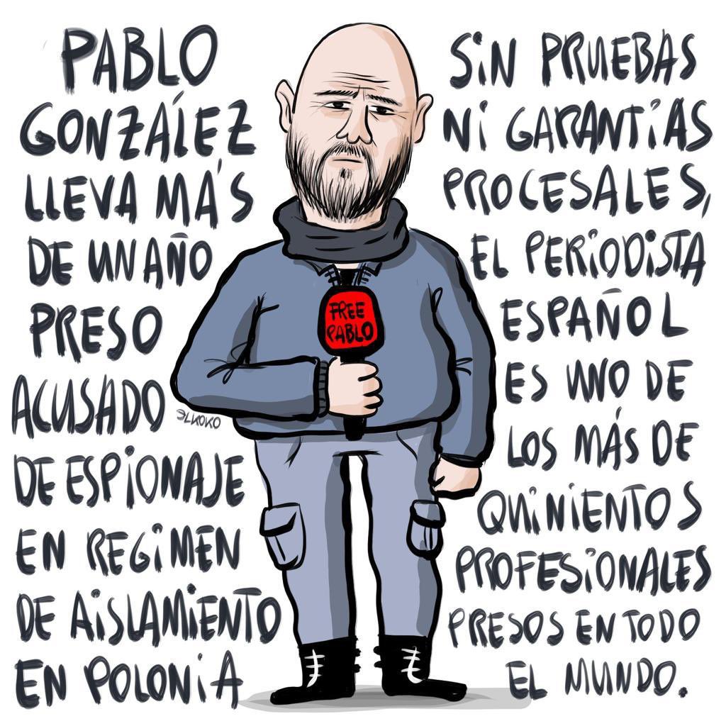 28 de julio de 2023. 
El periodista Pablo González lleva 17 meses detenido en Polonia. #FreePablo

[Ilustración de @Elkokoparrilla]