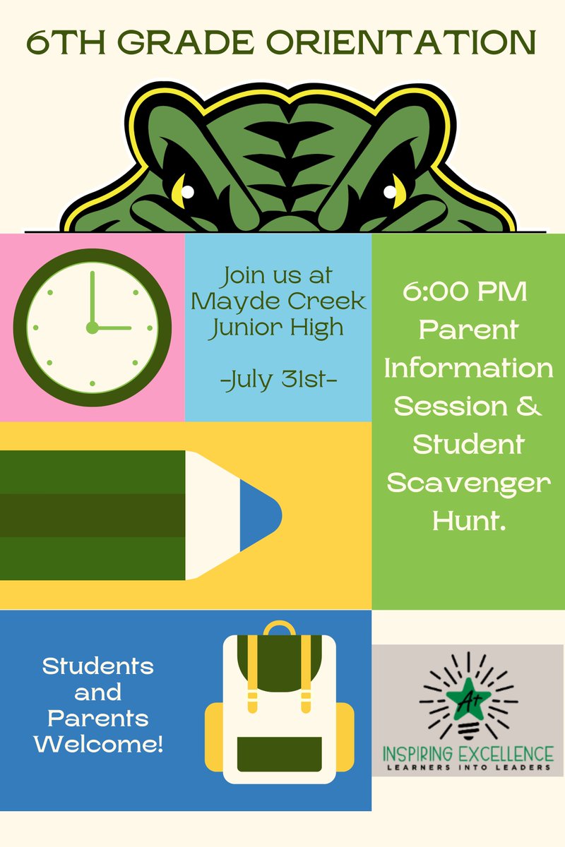 MCJHGators's tweet photo. Gator Community......Its time for 6th Grade Orientation. See you there in 3 days. All incoming 6th graders from
@mcegators @schmalzsharks @usestallions
#wolfelementary #rhoadselementary #maydeforthis #maydeusproud #maydeforthis #maydemyday #mcjhstrongertogether #katyisd https://t.co/ag820t8rWw
