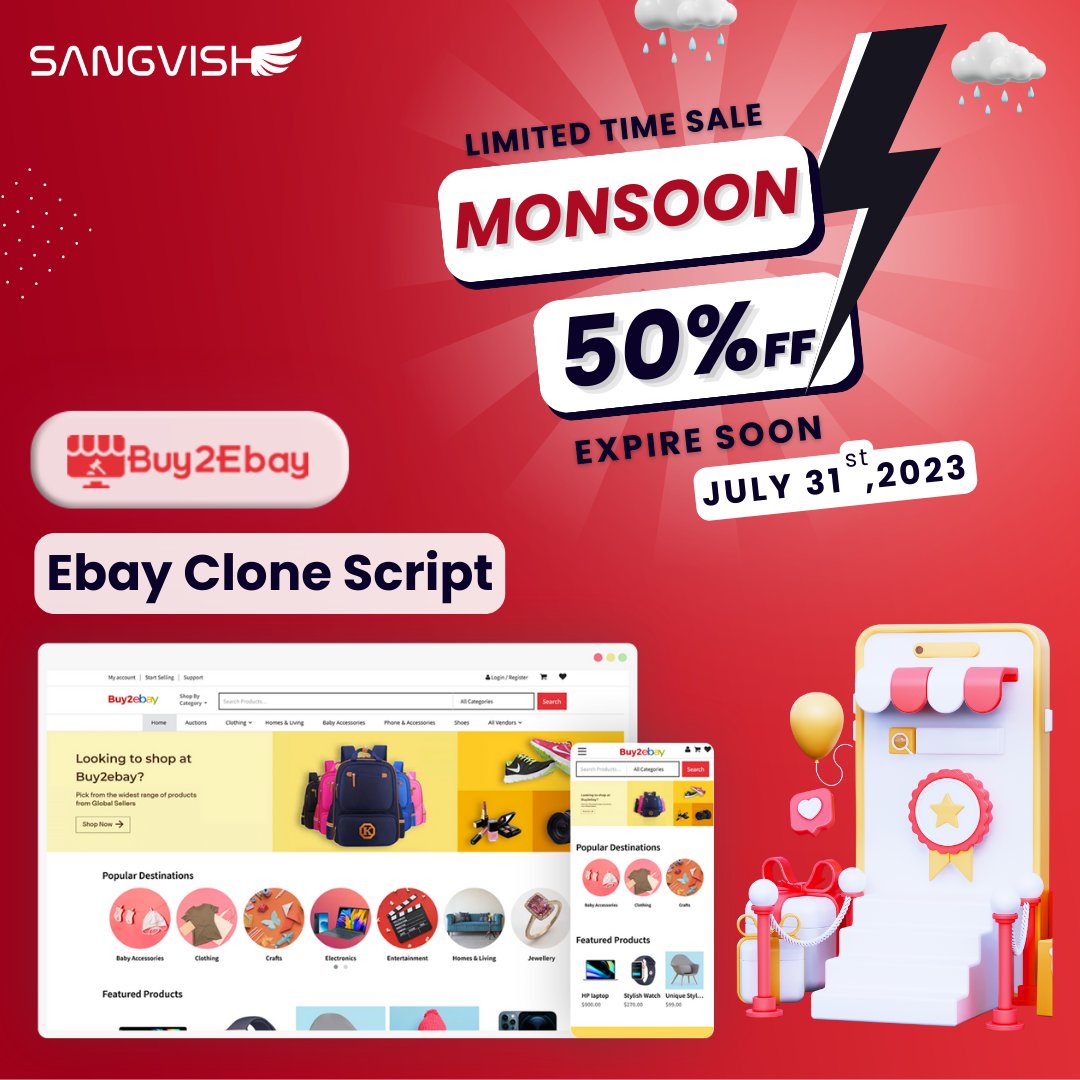 SangVishTech's tweet image. Get ready to make a splash in the #ecommerce world with our #eBayCloneScript at exclusive #MonsoonSale 💼🚀 Get 50% Off Expires on 31st July'23
Visit: sangvish.com/ebay-clone/
#ebayclone #Monsoon2023 #MonsoonSession #offer #sale #business #sangvish