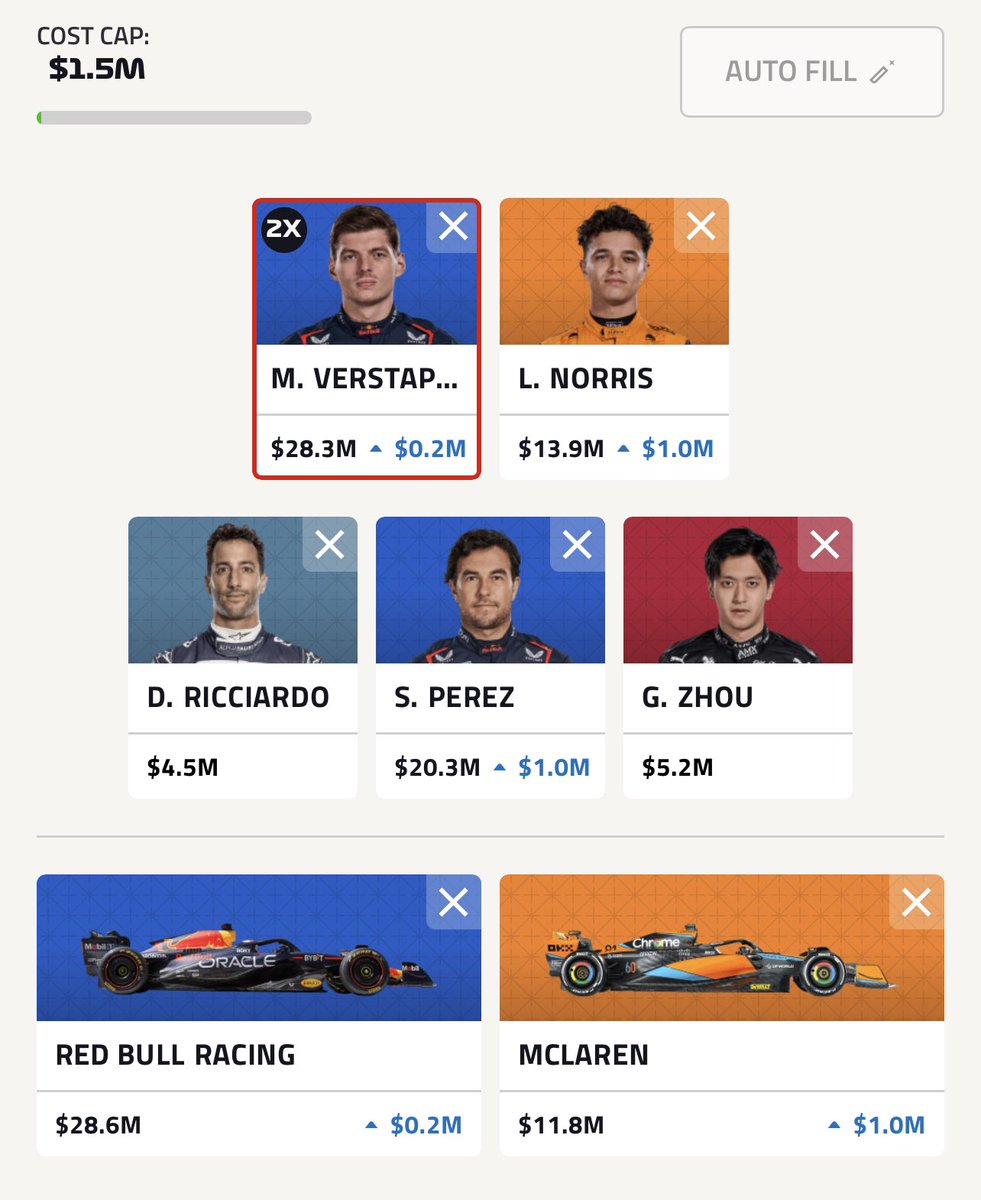 KGreschuk's tweet photo. @F1FantasyHub Torn with these 3 teams I can afford… no chips this weekend. Have a hard time putting hulk in but worth it to get the MCL constructor in. https://t.co/EXAsi0Gb7g