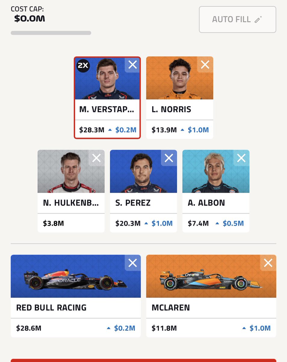 KGreschuk's tweet photo. @F1FantasyHub Torn with these 3 teams I can afford… no chips this weekend. Have a hard time putting hulk in but worth it to get the MCL constructor in. https://t.co/EXAsi0Gb7g