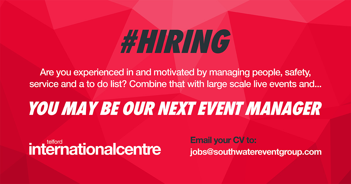 ⚠️We're currently recruiting for an Event Manager to join Team Telford!⚠️

➡️Are you up for working at one of the UK's biggest and busiest event venues?

Then let us know. Go to lnkd.in/eSa2gVeF or email us with your CV at: jobs@southwatereventgroup.com
