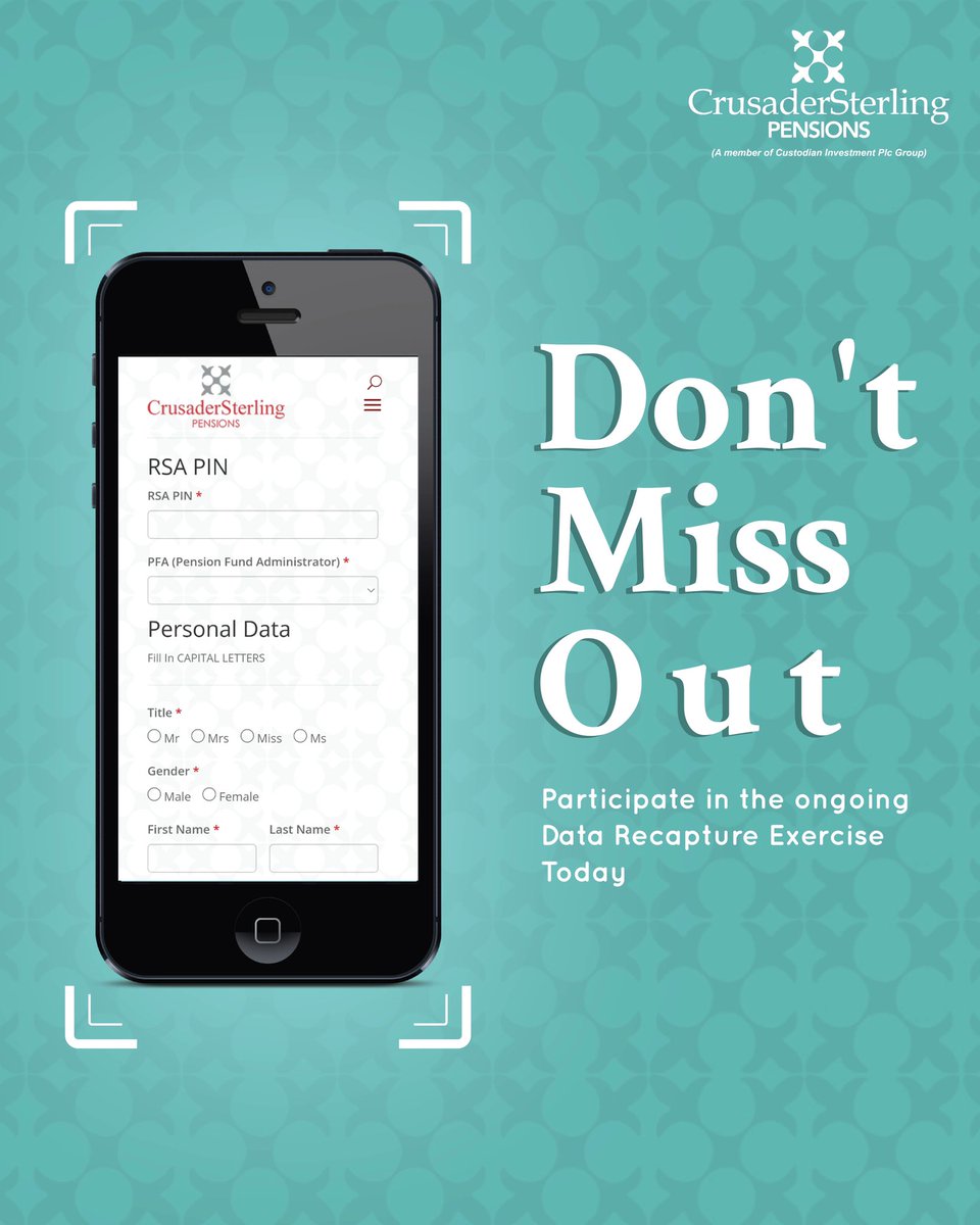 CSPensions's tweet photo. It's time to update your information!
Participate in the ongoing Data Recapture Exercise today. This would help ensure a seamless pension journey ahead.
Don't miss out on this, visit the link on our bio to start right away.
#crusadersterlingpensions #datarecapture #update https://t.co/YCAm5jyOnb