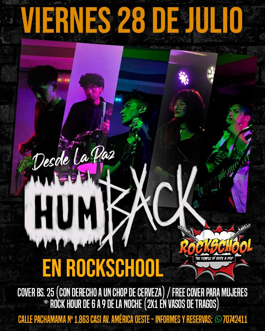 Promoenlinea's tweet image. ROCKSCHOOL 
• Viernes 28 de Julio #Humback 
• Sábado 29 de Julio #METALAGE 
Informes y reservas: 70742411
WhatsApp: wa.me/59170742411
Calle Pachamama Nº 1.863 casi Av. América Oeste
Google Maps: goo.gl/maps/rGAvb2gqa…
Facebook: facebook.com/rockschoolcbba
#RockSchool