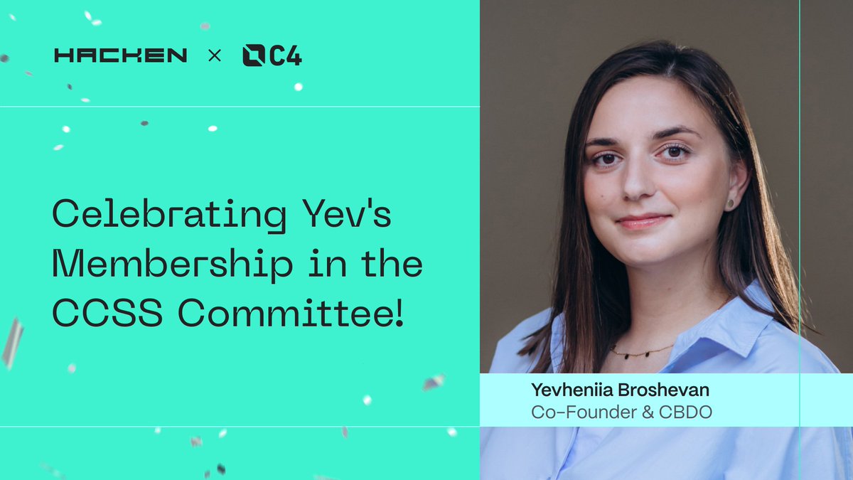 hackenclub's tweet photo. We're proud to share that our amazing Co-Founder and CBDO, @jerh17, has joined the CCSS Committee, which plays a vital role in setting the direction for the #CCSS standard and #CCSSA exam
Kudos, Yev, for advancing crypto cybersecurity with @LearnMoreWithC4 members 🛡️ https://t.co/QMODElRwiq