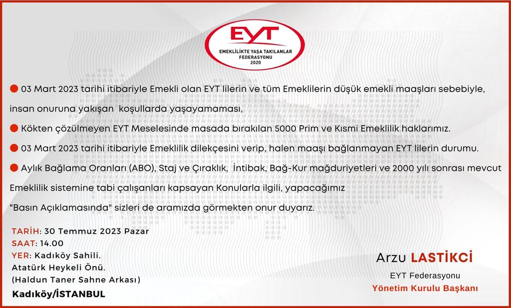 Haydi emekliler, emekli adayları;
Şikayet etmekten bir adım öteye geçmeliyiz. Basın açıklamasına sen de davetlisin.

30 TEMMUZ PAZAR
Saat:14:00
Kadıköy İskelesi (Atatürk Heykeli) 
👇
#TümMağdurlarKadıköye