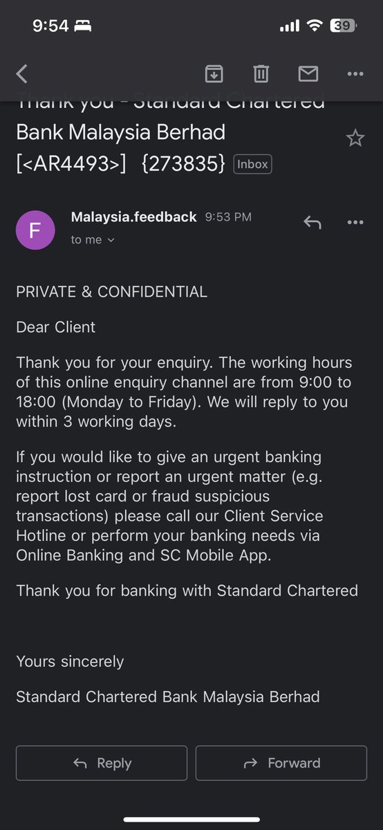 KiddyKiel's tweet photo. @StanChartHelp @StanChart Ive follow instruction to email since stupid agent told me so, ur email says urgent matter contact client services? Now what? This is urgent banking Biometric login disable? Isn’t this urgent for you? https://t.co/Nmf7UowGLE