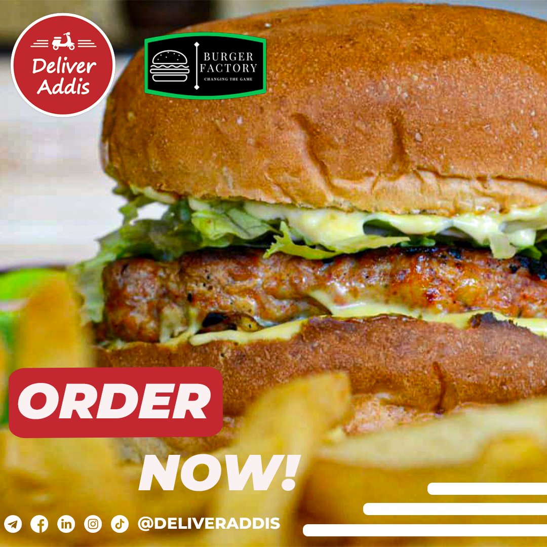 Hungry for a juicy burger? Look no further than Burger Factory on Deliver Addis! From Cheeseburgers to Factory Chicken Burgers, enjoy all your favorites delivered straight to your door. 
Order now and satisfy your cravings! #BurgerFactory #DeliverAddis #BurgerDelivery