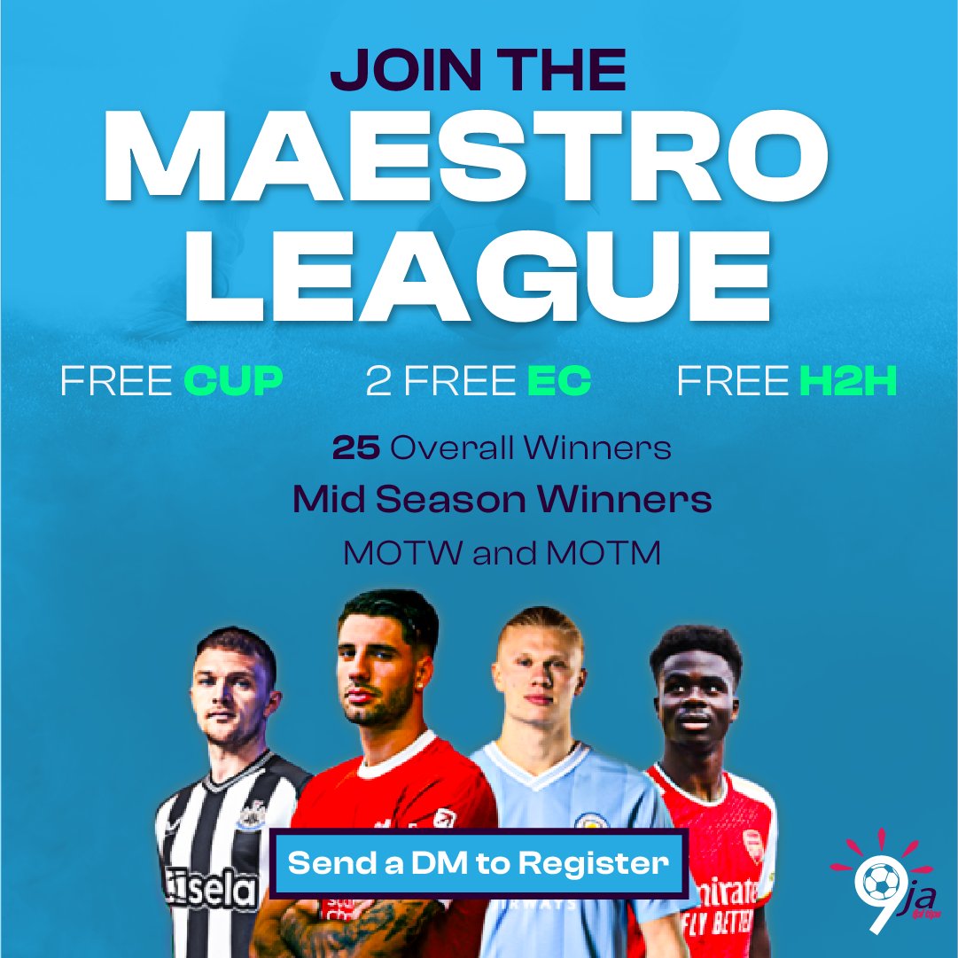 9jafplT's tweet photo. When you join the 9jaFPL Tips Maestro league, you get:

A FREE Cup
A FREE H2H
2 FREE Elimination Chambers

4 Managers of the Week 
3 Managers of the MOnth
1 Mid Season Winner.

And so much more. Send a DM to register now!

#FPL #9jaFPLTips #BBNaijaAllStar Ilebaye maduka okoye https://t.co/9cGYnrg26e