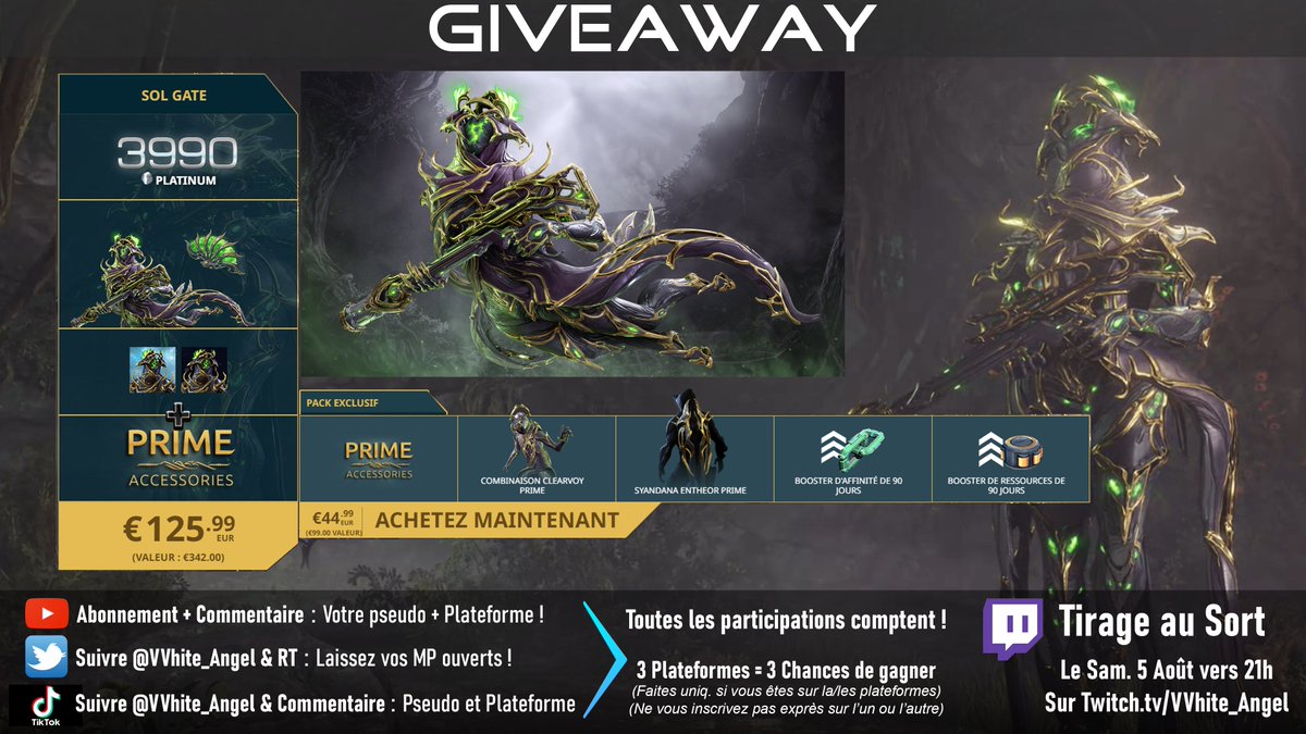 VVhite_Angel's tweet photo. ✨ Giveaway Prime Access WISP [Sol Gate] Pack
❤️ Merci / Thanks @PlayWarframe 

✅ ALL PLATFORMS
✨Wisp &amp; Stuff prime
✨ 3 Mois Boosters
✨3990 Platines
‼️ TàS - 5 Août 21h

↘️ Participer
‼️ Follow @VVhite_Angel 
‼️ RT

🌟+1 Chance sur Youtube / +1 Chance sur Tiktok
#Warframe https://t.co/9BqXwzLN2P