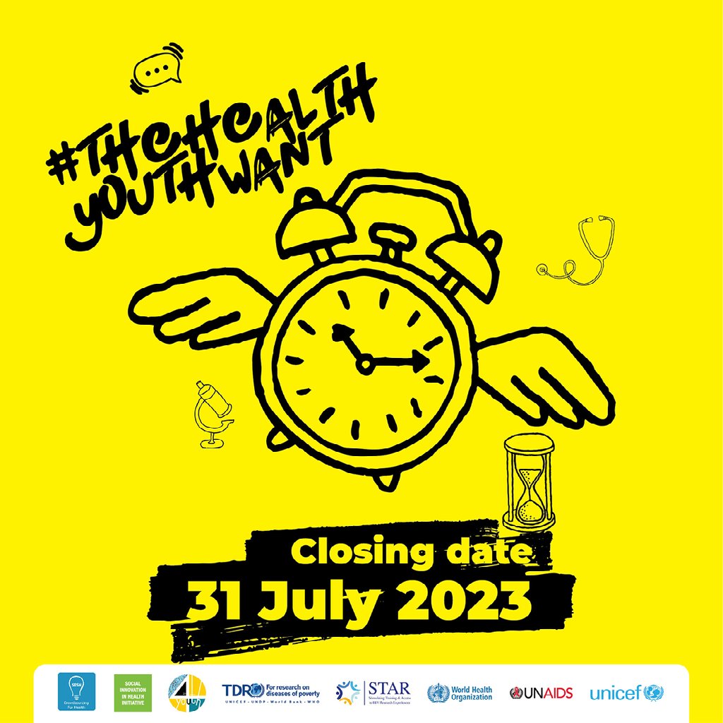 ⌛Slow burner? We totally understand! The deadline is almost here! Accepting applications for the #TheHealthYouthWant Open Call and Prize until July 30, 2023: bit.ly/thyw @UNICEF | @unicef_aids | @UNAIDS | @WHO | @4YouthBYouth | @SIHIGlobal | @TDRnews @sesh_global