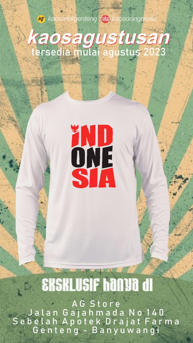 rumahkos_sovia's tweet photo. Kaos edisi khusus 78 Tahun Indonesia Merdeka. Tersedia size M-XXL lengan pendek dan panjang. Dibuat diatas kain katun halus dan enak dipake. Harga mulai 70k saja.

@drhandri @suarasoneta @banyuwangi_kab @KotaGenteng

#kaosagustusan #dirgahayuri78 #banyuwangi #IndonesiaDamai https://t.co/j7Z4g6v4te