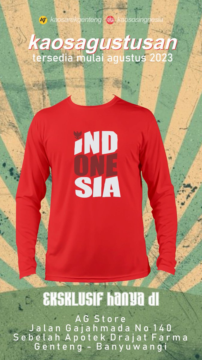 rumahkos_sovia's tweet photo. Kaos edisi khusus 78 Tahun Indonesia Merdeka. Tersedia size M-XXL lengan pendek dan panjang. Dibuat diatas kain katun halus dan enak dipake. Harga mulai 70k saja.

@drhandri @suarasoneta @banyuwangi_kab @KotaGenteng

#kaosagustusan #dirgahayuri78 #banyuwangi #IndonesiaDamai https://t.co/j7Z4g6v4te