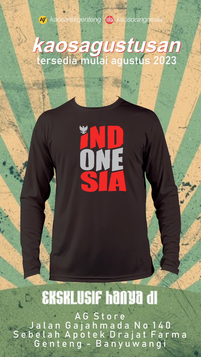 rumahkos_sovia's tweet photo. Kaos edisi khusus 78 Tahun Indonesia Merdeka. Tersedia size M-XXL lengan pendek dan panjang. Dibuat diatas kain katun halus dan enak dipake. Harga mulai 70k saja.

@drhandri @suarasoneta @banyuwangi_kab @KotaGenteng

#kaosagustusan #dirgahayuri78 #banyuwangi #IndonesiaDamai https://t.co/j7Z4g6v4te