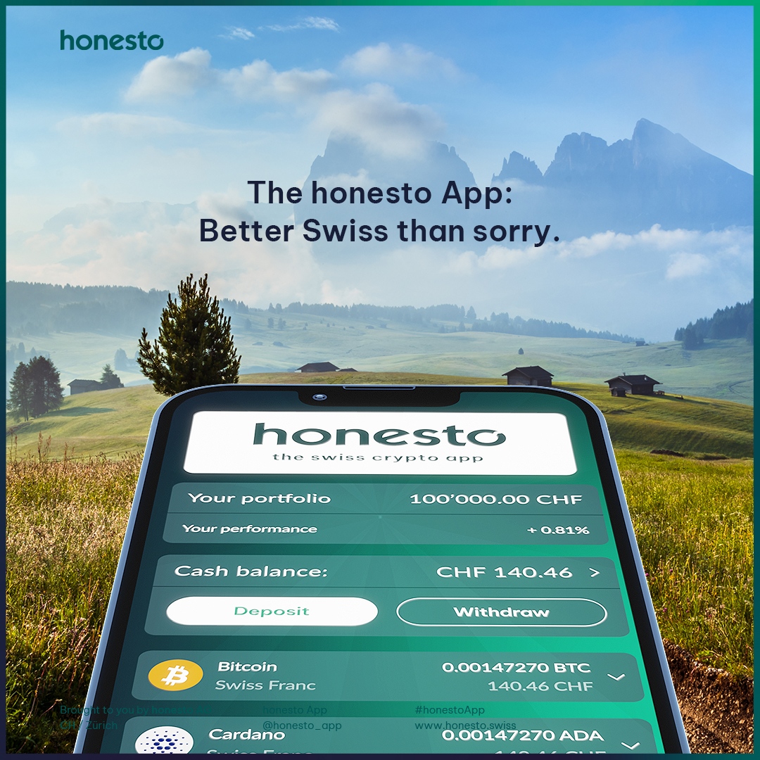 🚀 Choose Swiss, Choose Safety with Crypto! Elevate your crypto journey with the #honestoApp:

🌍 Best available prices from 20+ exchanges.
🇨🇭 Swiss Bank-grade asset protection.
🔒 Proudly FATF compliant.
