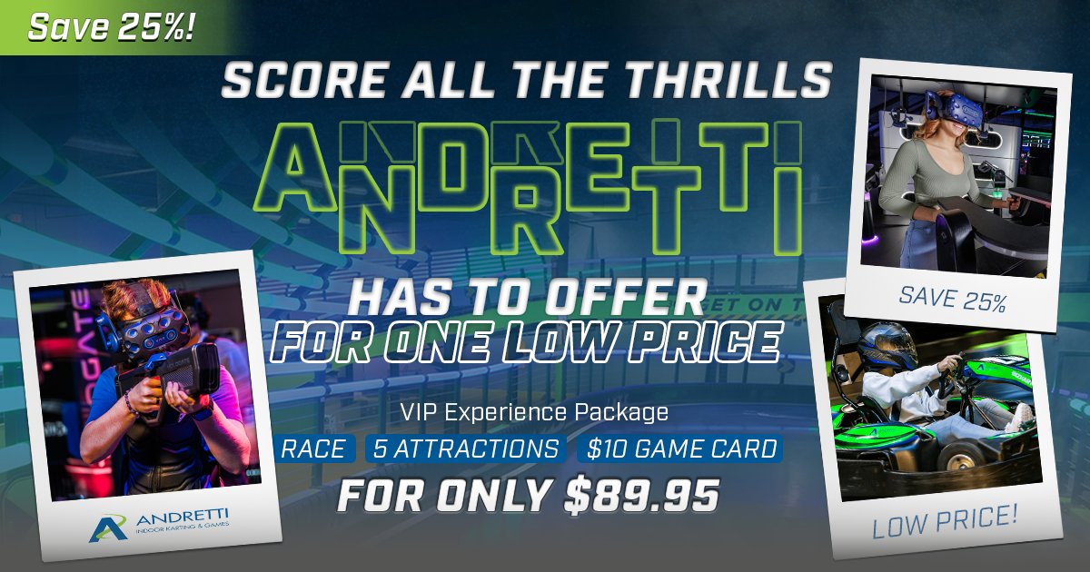 Looking to make the most of your next visit to Andretti? Experience everything we have to offer and save big when you purchase our VIP Package. All of our attractions, racing, and arcade for one price!

#Karting #SummerFun #ThingstodoinOrlando #OrlandoAttractions #FamilyFun