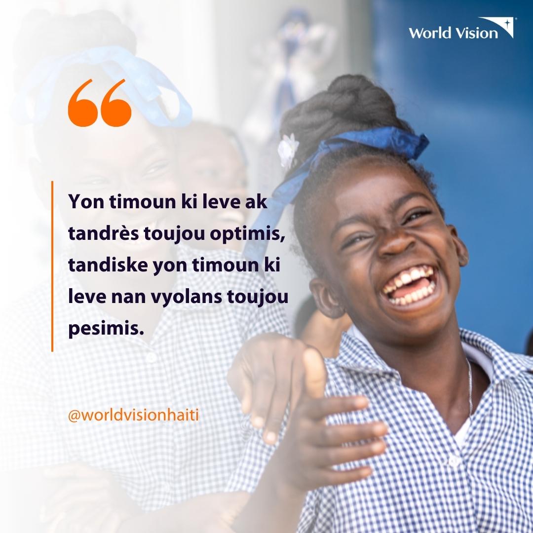 WVHaiti's tweet photo. Yon timoun ki leve ak tandrès toujou optimis, tandiske yon timoun ki leve nan vyolans toujou pesimis.
Ansanm ann elimine vyolans sou timoun!

#AnnPaleTandrès | #ITAW | #VwaTimounYo | #Haiti | #WorldVision https://t.co/KGLEgS12Co