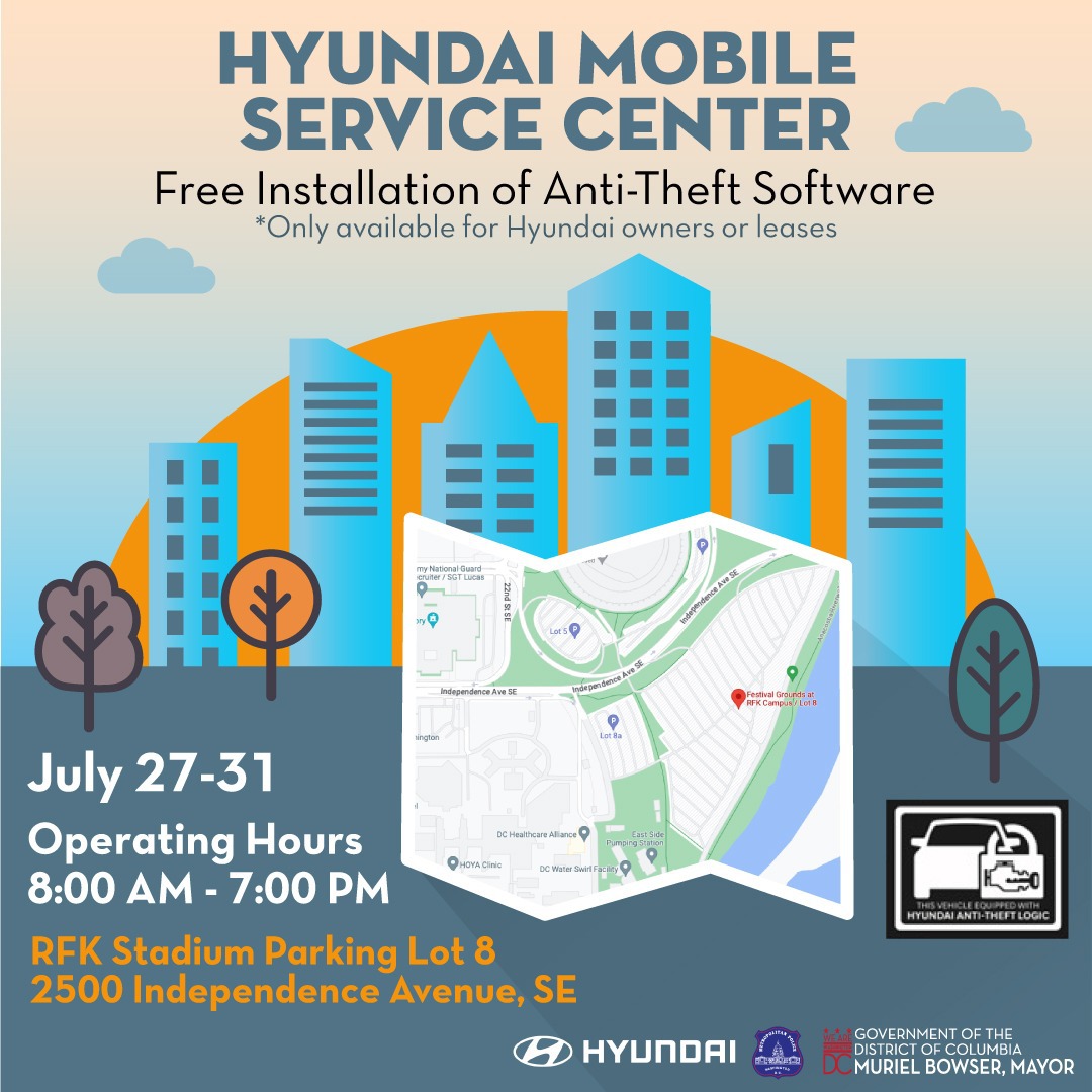 MayorBowser's tweet photo. Calling all Hyundai drivers 🗣️

Get a FREE security update at the Hyundai Anti-Theft Mobile Clinic—it will take less than an hour:

🗓️Today-July 31
⏰8AM-7PM
📍RFK Parking Lot 8

See if your vehicle is eligible ➡️ https://t.co/fZYzkwwuF4 https://t.co/cV99EBLKGU