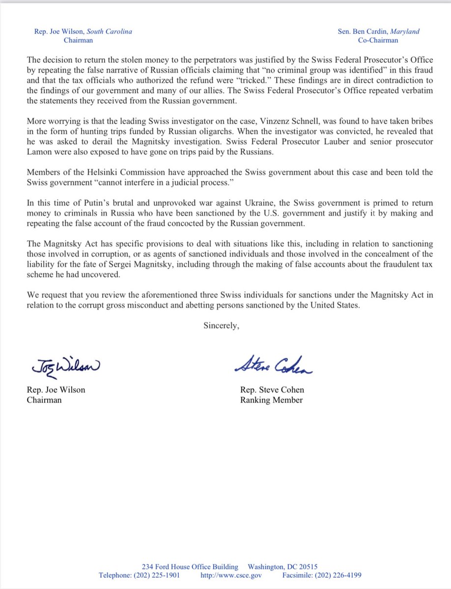 Billbrowder's tweet photo. BREAKING: Chairman and ranking member of the US Helsinki Commission call on the US government to sanction 3 Swiss officials who facilitated the decision to return millions connected to the murder of Sergei Magnitsky to sanctioned Russian individuals https://t.co/8uxDOm9u6g