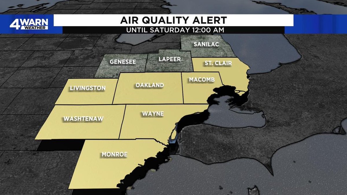 AIR QUALITY ALERT: St. Clair, Livingston, Oakland, Macomb, Washtenaw, Wayne, and Monroe counties for Friday, July 28th due to Elevated Ozone levels taking our Air Quality into the Unhealthy for Sensitive Groups (Orange) Range… #MIWX <a href="/Local4News/">Local 4 WDIV Detroit</a>