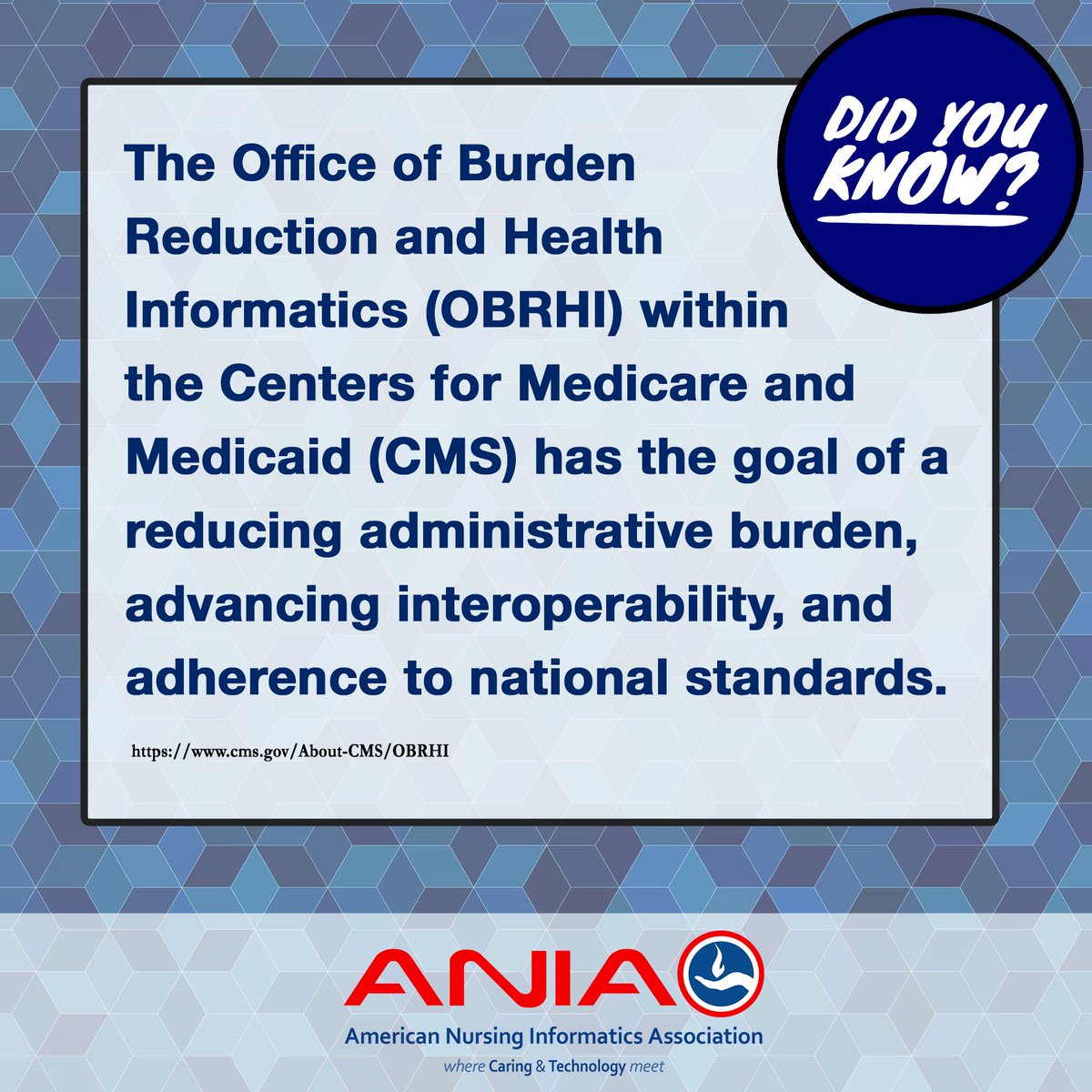 ANIAinformatics's tweet image. The Office of Burden Reduction and Health Informatics (OBRHI) within the Centers for Medicare and Medicaid (CMS) has the goal of a reducing administrative burden, advancing interoperability, and adherence to national standards. #DocumentationBurden #ClinicianBurden #factfriday