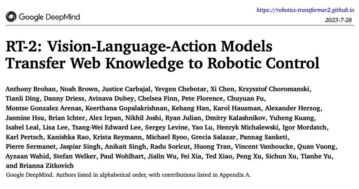 chelseabfinn's tweet image. Vision-language ➡️ vision-language-action model

By using a pre-trained VLM (e.g. PaLI-X), RT-2 enables robots to generalize to new objects &amp;amp; instructions

RT-2 also shows basic reasoning capabilities. (e.g. &quot;place orange in matching bowl&quot;)

Paper+videos: robotics-transformer2.github.io