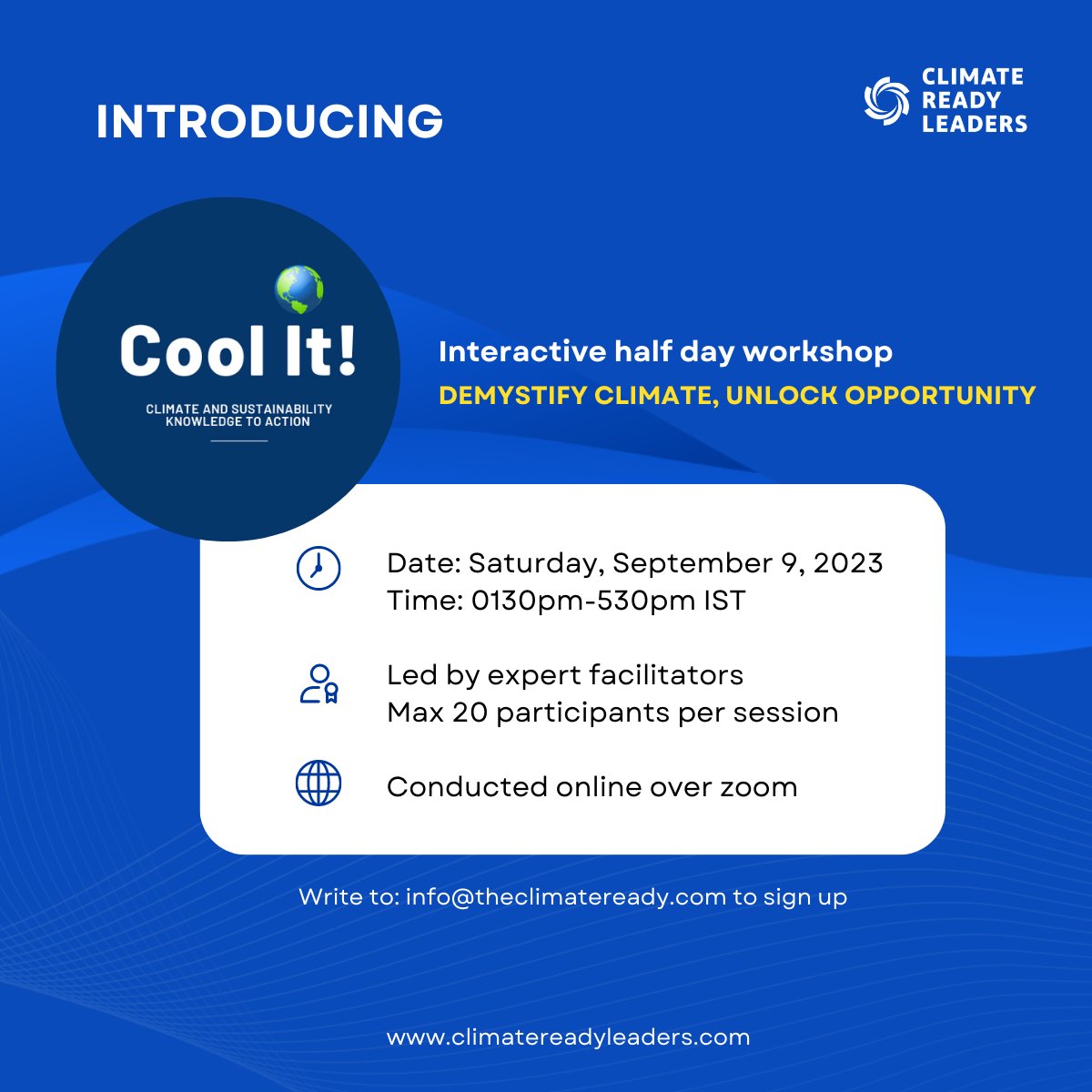 theclimateready's tweet photo. Introducing Cool-It!  
Going from climate knowledge to sustainable action.  Cool-It! is a climate and sustainability learning workshop for individuals and teams.  

Join us for a trial public session on Saturday, September 9, 2023. https://t.co/yjo1708M0u
