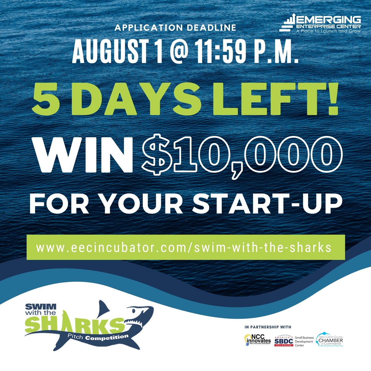 5 DAYS LEFT! WIN $10,000 FOR YOUR STARTUP! 💰 

Apply by August 1, 2023, at 11:59 p.m. EST: buff.ly/30dphgr 

In partnership with Delaware Small Business Development Center, New Castle County Chamber of Commerce, and NCC Innovates.