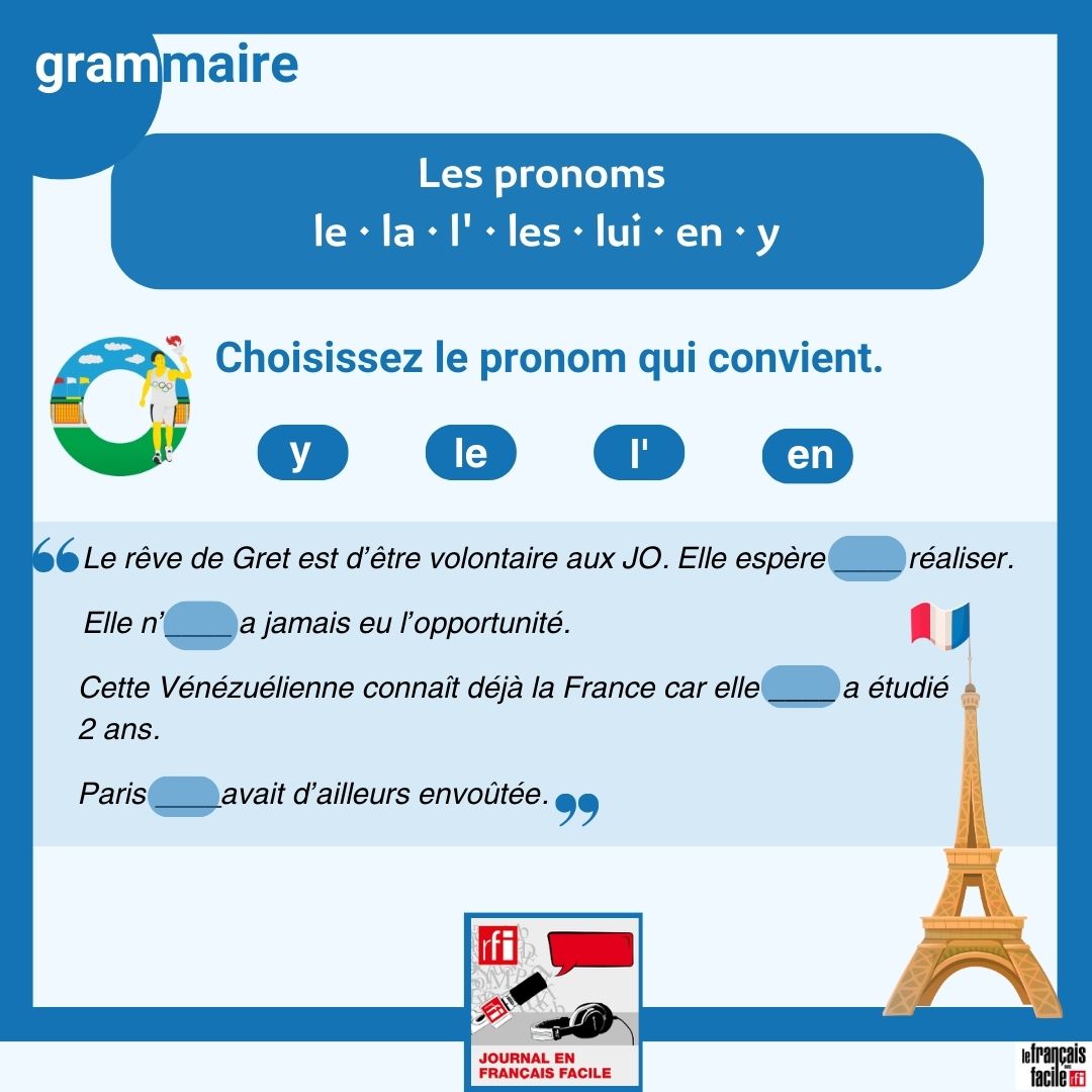 RFI_FrFacile's tweet photo. ✏ [Exercice] APPRENDRE LE FRANÇAIS – B1
À partir d'un extrait du Journal en français facile, exprimer votre enthousiasme et travaillez la grammaire : les pronoms.
👉 https://t.co/1yvvINi5zX https://t.co/wpjir1J8mj