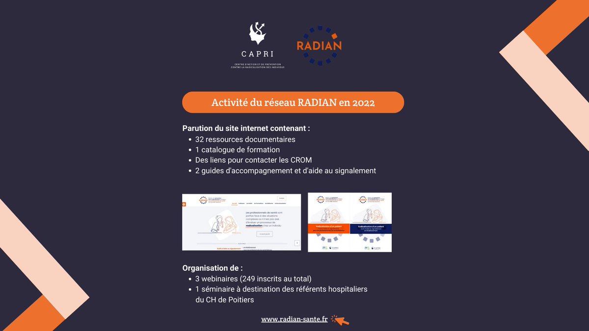 Soutenu par le CAPRI et l’ <a href="/ARS_NAquit/">ARS Nouvelle-Aquitaine</a> , le réseau RADIAN intervient dans le cadre de formations, en plus de fournir des outils pour les professionnels de santé sur son site pour une meilleure compréhension de la radicalisation.

💻 + d’infos sur radian-sante.fr