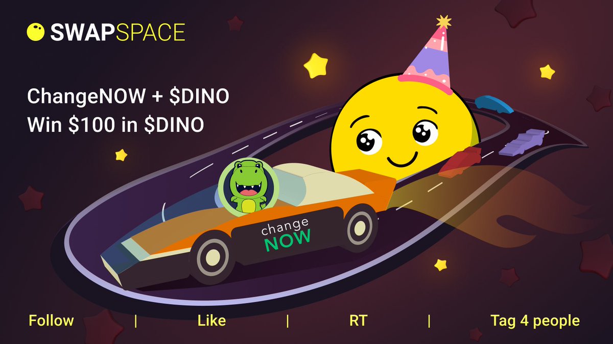 Meet our second pair! 🥳
<a href="/DinoLFG/">Dinoshi 🦖</a> &amp; <a href="/ChangeNOW_io/">ChangeNOW</a> ⚡

❤️ Like &amp; RT this post
✅ Follow <a href="/SwapSpaceCo/">SwapSpace</a>, <a href="/DinoLFG/">Dinoshi 🦖</a> &amp; <a href="/ChangeNOW_io/">ChangeNOW</a>
🫂 Tag 4 friends 

Support a pair and get a chance to win $100 in $DINO 🔥 On Monday 07.08 we’ll choose a random winner. Good luck! ✨