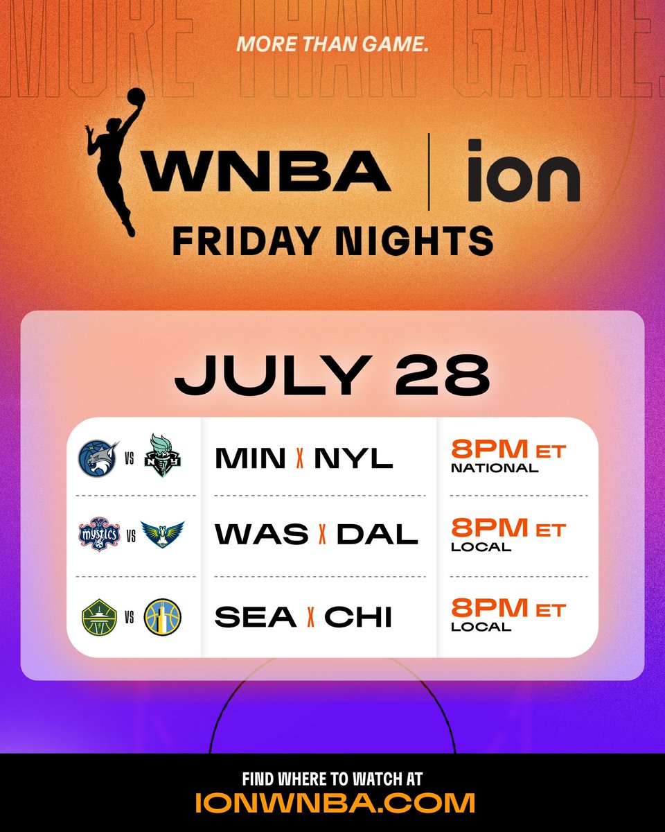 WNBA's tweet photo. Friday Nights on ION schedule ✅

3 games tonight all beginning at 8pm/ET on @iontv, tune in! 

#MoreThanGame https://t.co/Zh7V06OeLy