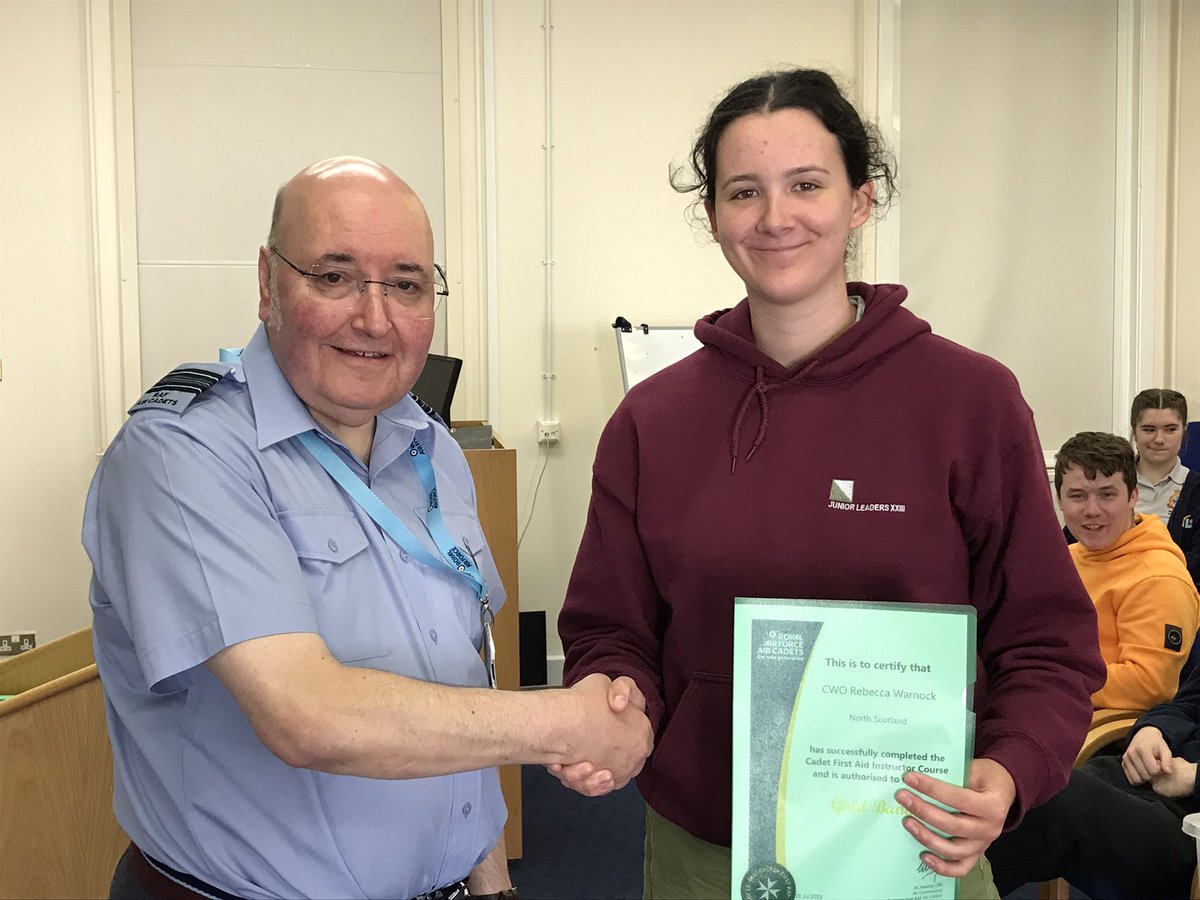 SNIRAFAC's tweet photo. The @aircadets Regional 2023 Gold First Aid Instructor Cse students have received their certs from the RFAO, Sqn Ldr Ridland: AFA, AED Operator, AFA Assessor &amp; the highest first aid badge in progressive training syllabus! @SESCOTWING @NscotWingRAFAC @censcotwing @WScotAirCadets https://t.co/EDVsUydGNh