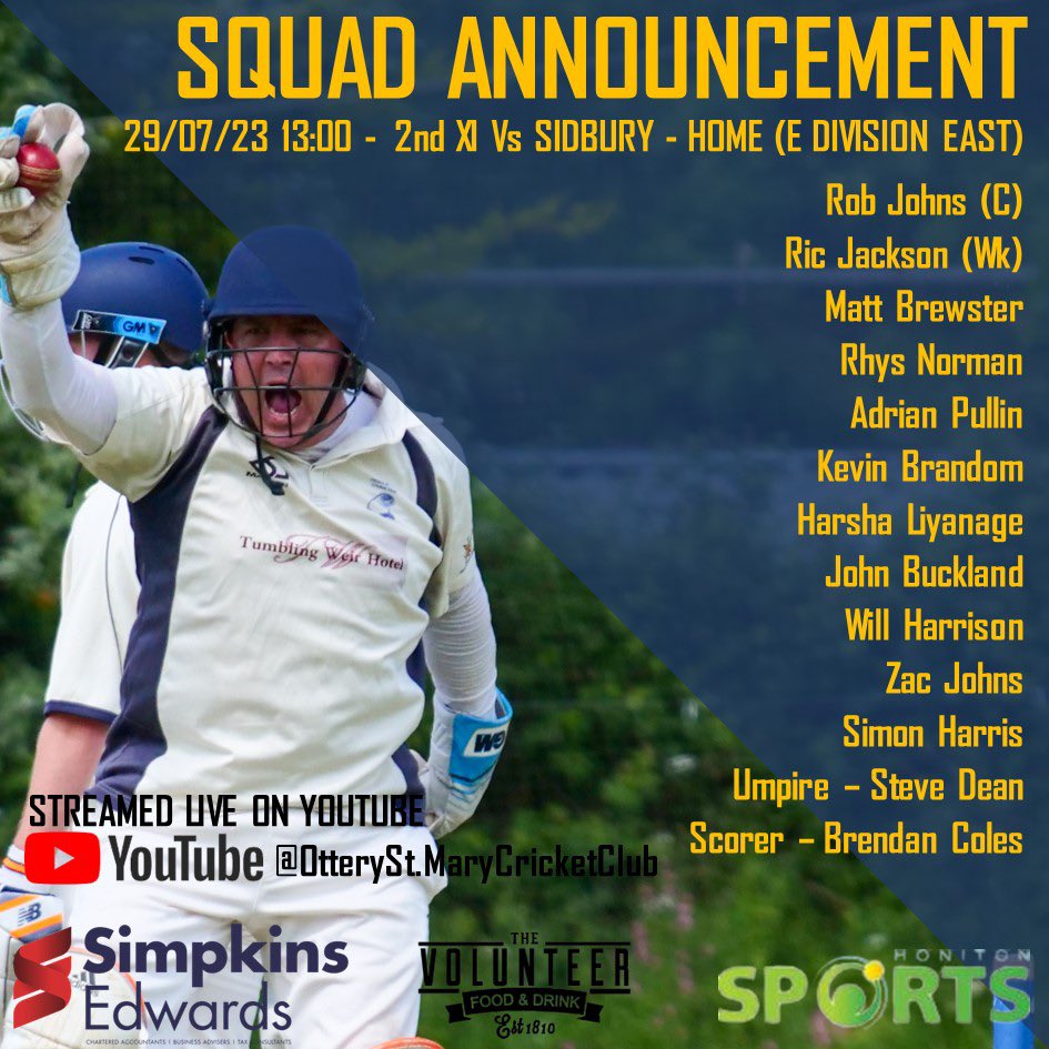 This weekends squads as the 1s travel to <a href="/BrauntonCC/">Braunton CricketClub 🏏</a> whilst the 2s entertain <a href="/SidburyCC/">Sidbury CC</a> 

#gowell #uptheotters #lettherebesun