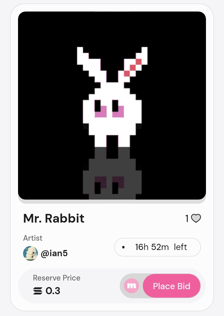 Mr. Rabbit

🔴 16h 52m left
Available on <a href="/mallow__art/">Now found at @mallowdotart</a> 

🔗 Link : mallow.art/artwork/Bpsp4L…

#NFT #NFTCommunity #Solana #SolanaNFTs #SolanaCommunity #NFTkid
