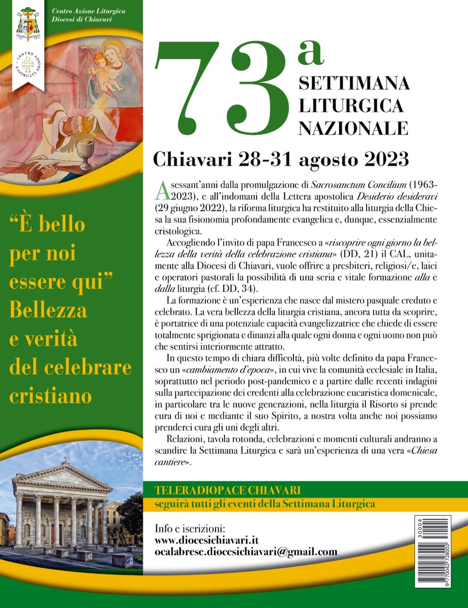 Manca un mese alla #SettimanaLiturgicaNazionale, che si terrà quest’anno a #Chiavari.
#CentroAzioneLiturgica #CAL #liturgia #liturgy #ChiesaItaliana ⁦<a href="/UCSCEI/">@CEI</a>⁩