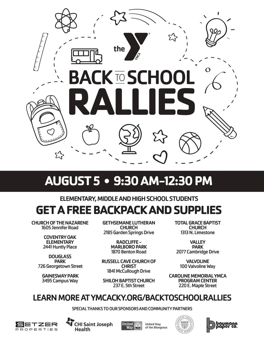 🎒YMCA Back to School Rallies are just over a week away!  Make plans to attend one of the 12 area locations!  lexfun4kids.com/ymca-back-to-s…