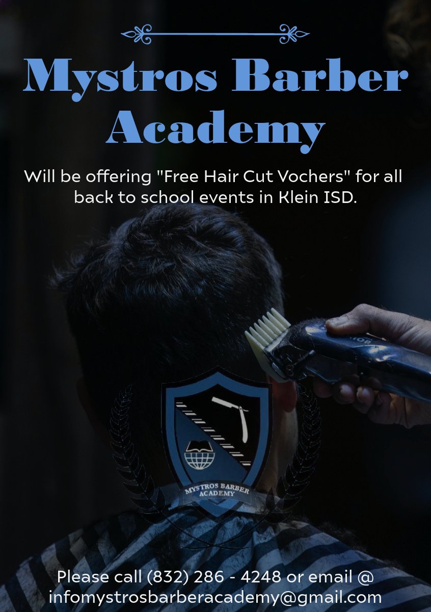 Mystros Barber Academy will be giving out "Free Hair Cut Vouchers" for the upcoming school year. Simply call (832) 286-4248 or email infomystrosbarberacademy@gmail.com for more information. <a href="/KleinISD/">Klein ISD</a>