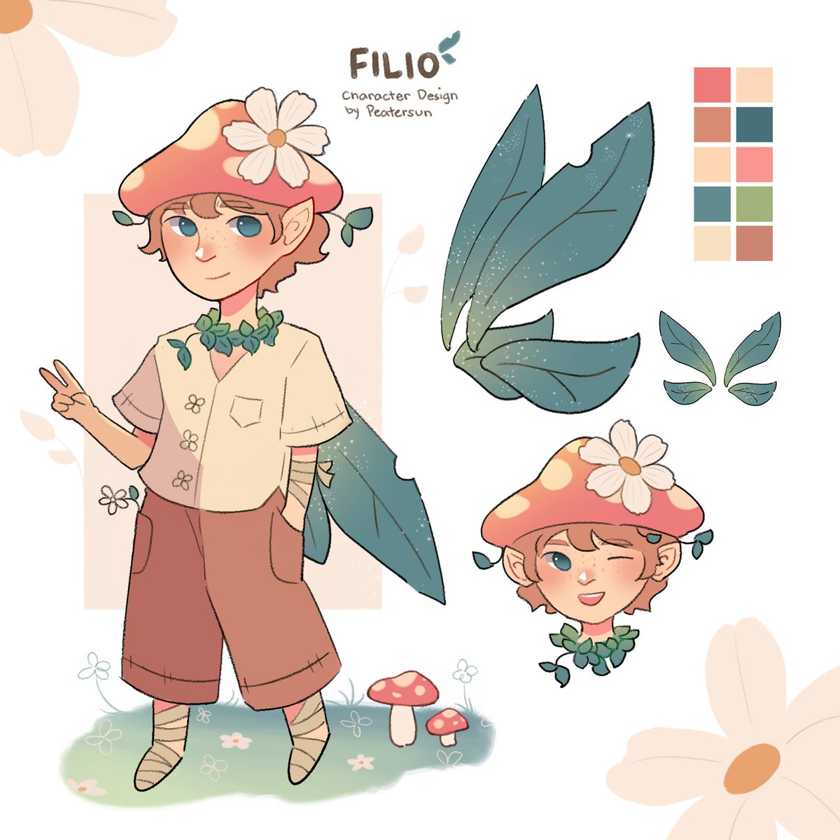 peatersun's tweet photo. Meet Filio 🌼🍃 

He's a mushroom fairy who likes to explore or wander around a forest!  #oc #characterdesign https://t.co/GfTgz5PVZl