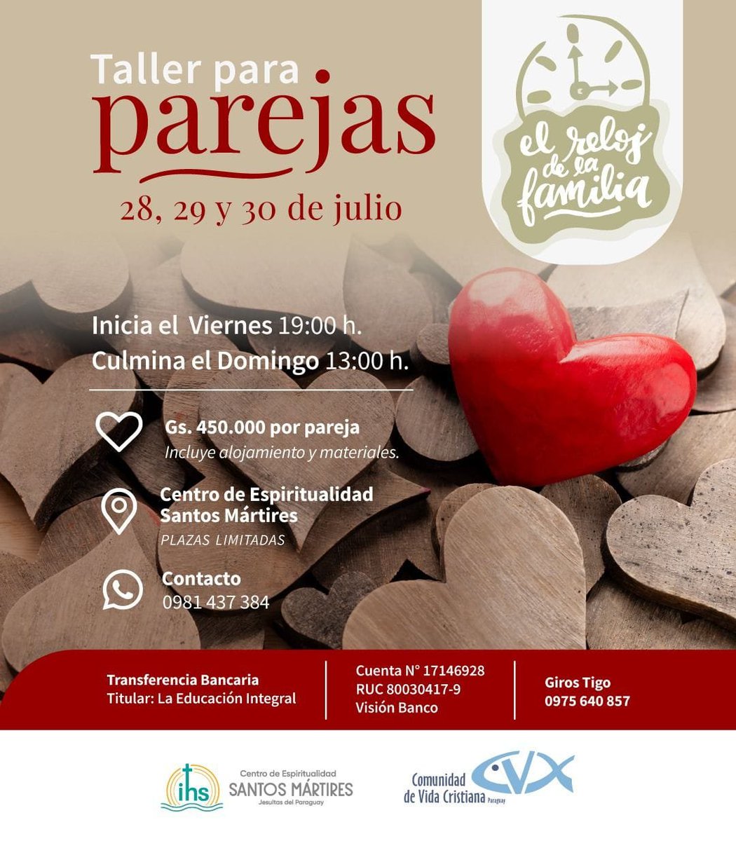 CVXParaguay's tweet photo. ❤️ Faltan pocos días para el Taller para parejas.
✨ El reloj de la familia es una propuesta desde la Espiritualidad Ignaciana, para regalarse tiempo en pareja. https://t.co/vjxrnbQyAe