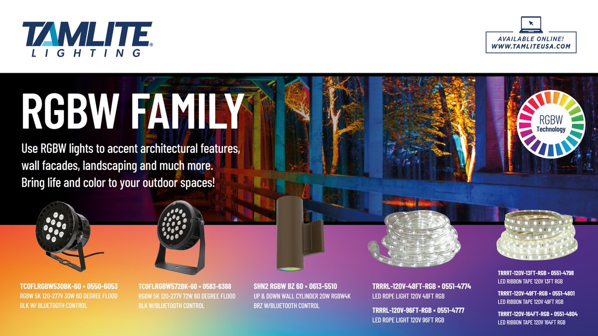 Bring life and color to your outdoor spaces when you use RGBW accent lighting! The RGBW series is designed to accent architectural features, wall facades, landscaping, and much more! 

Learn more at tamliteusa.com or visit your local <a href="/cityelectricusa/">City Electric Supply</a> to get yours today!