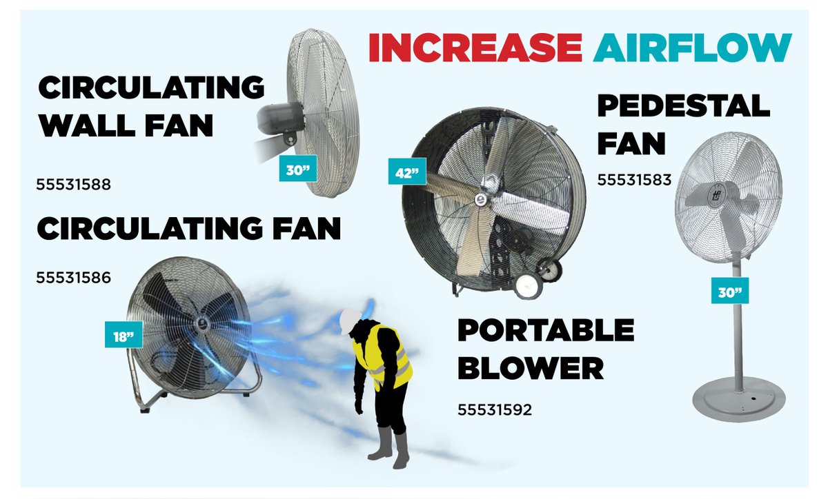 Beat the heat with high-quality fans for your job site!
Call your local Brafasco, Brock White or NCA representative today to learn more about our air circulation products.