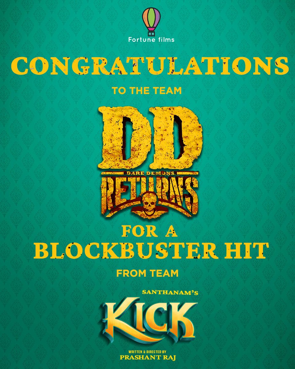 ObsoletePsych's tweet photo. Congratulations to @iamsanthanam and #DDReturns team for a blockbuster hit of the film 👍 Best wishes from #Kick 🤞 team 🥳 
@iamsanthanam @iamprashantraj @TanyaHope_offl @ArjunJanyaMusic @iamnaveenraaj #FortuneFilms @johnsoncinepro @saregamasouth #கிக் #SantasKick #ActionComedy https://t.co/icPhedNuHm