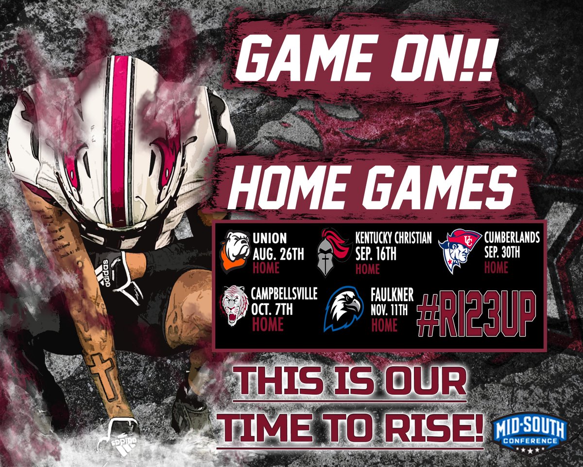 Class of 2024, we want to see you at Nokes-Lasater Field this year! Here is the home game schedule!  

admissions.cumberland.edu/portal/footbal…

Sign Up today to see the Phoenix play in 2023
#RI23UP #24oWoUT #CUPhoenix #PhoenixFootball