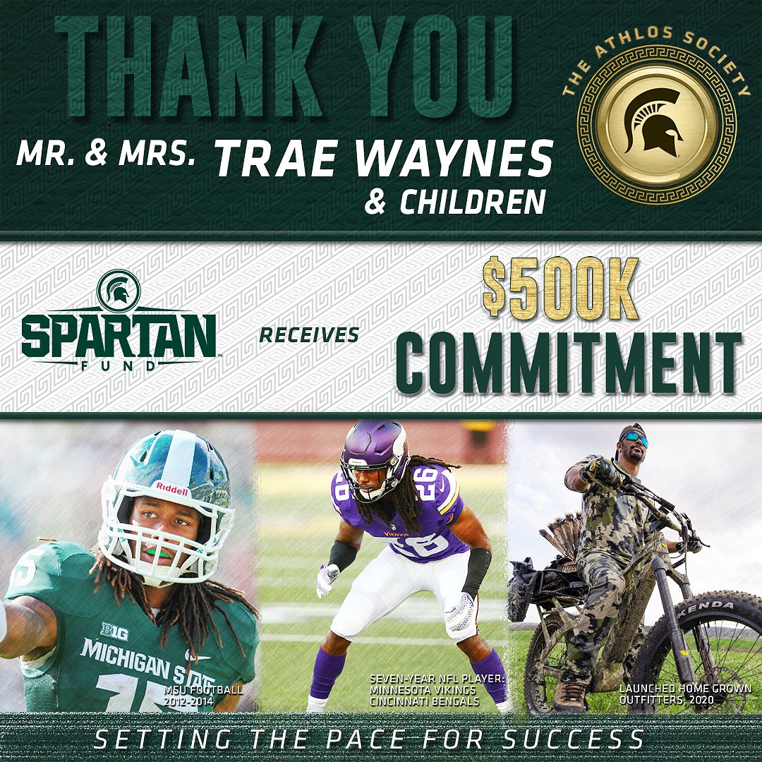 SpartanFund's tweet photo. ✨Investing in Champions✨

Thank you, Mr. and Mrs. Trae Waynes and children, for your generous commitment! As a former letterwinner, this gift will be giving back to @MSU_Football, supporting the Tom Izzo Football Building. Welcome to the Athlos Society!

#GoGreen https://t.co/vmgGfPtrAp
