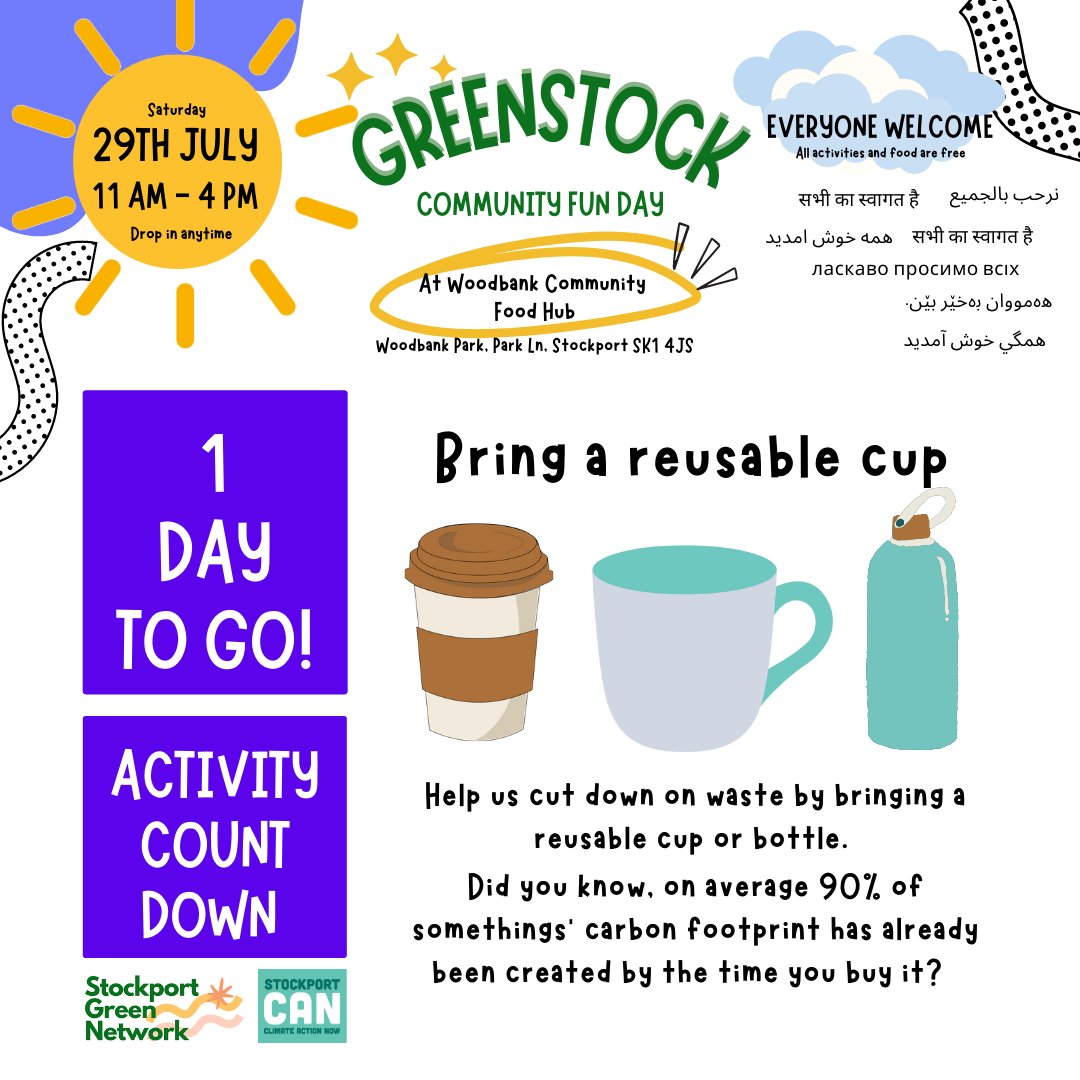 1 day to go! Wahoo! Today's activity, pack a reusable cup or bottle to bring with you. 
#greenstock #reusable #reuse #reduce #waste #communityevent #stockportevents #communityfunday #whatsonstockport #climate #environment